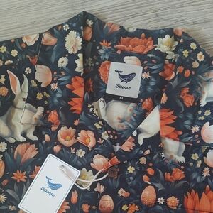 NWT YIUME HAWAII Men's Short Sleeve Button Up Shirt Navy and Orange Size Medium